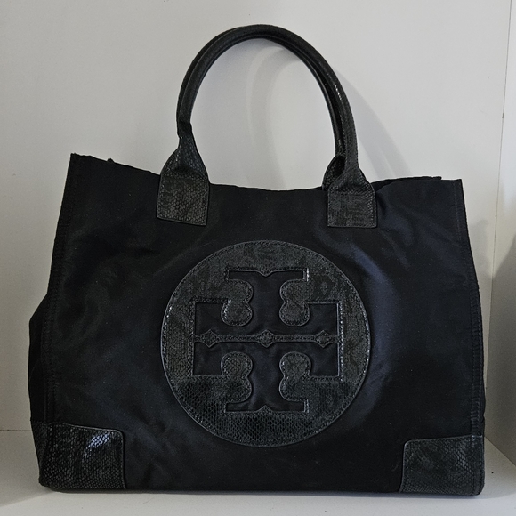 Tory Burch Handbags - LikeNew!Tory Burch XXL Black Nylon and snake leather Tote bag